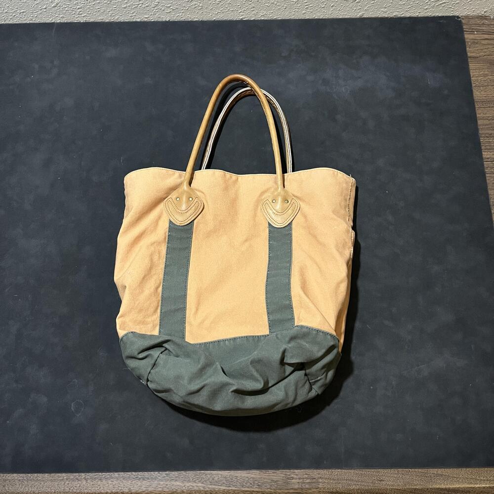 LL Bean Leather Handles Tote Bag Canvas Plaid Lined Brown Green Boat Vintage 90s